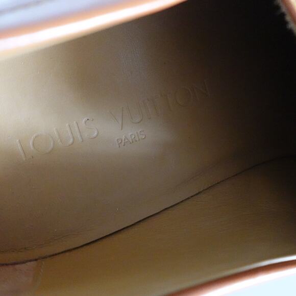 Louis Vuitton Tan Brown Orange Leather LV Gold Plaque Logo Square Toe Loafers - Picture 15 of 16